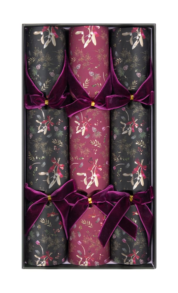 Fawn Green and Burgundy Mistletoe 12in Crackers Box of 6