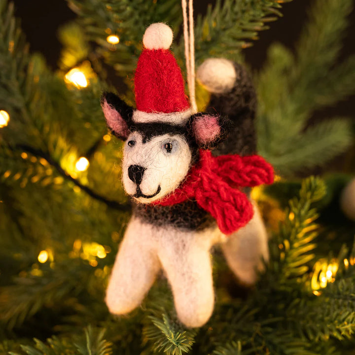 Husky with a Hat and Scarf Felt Decoration