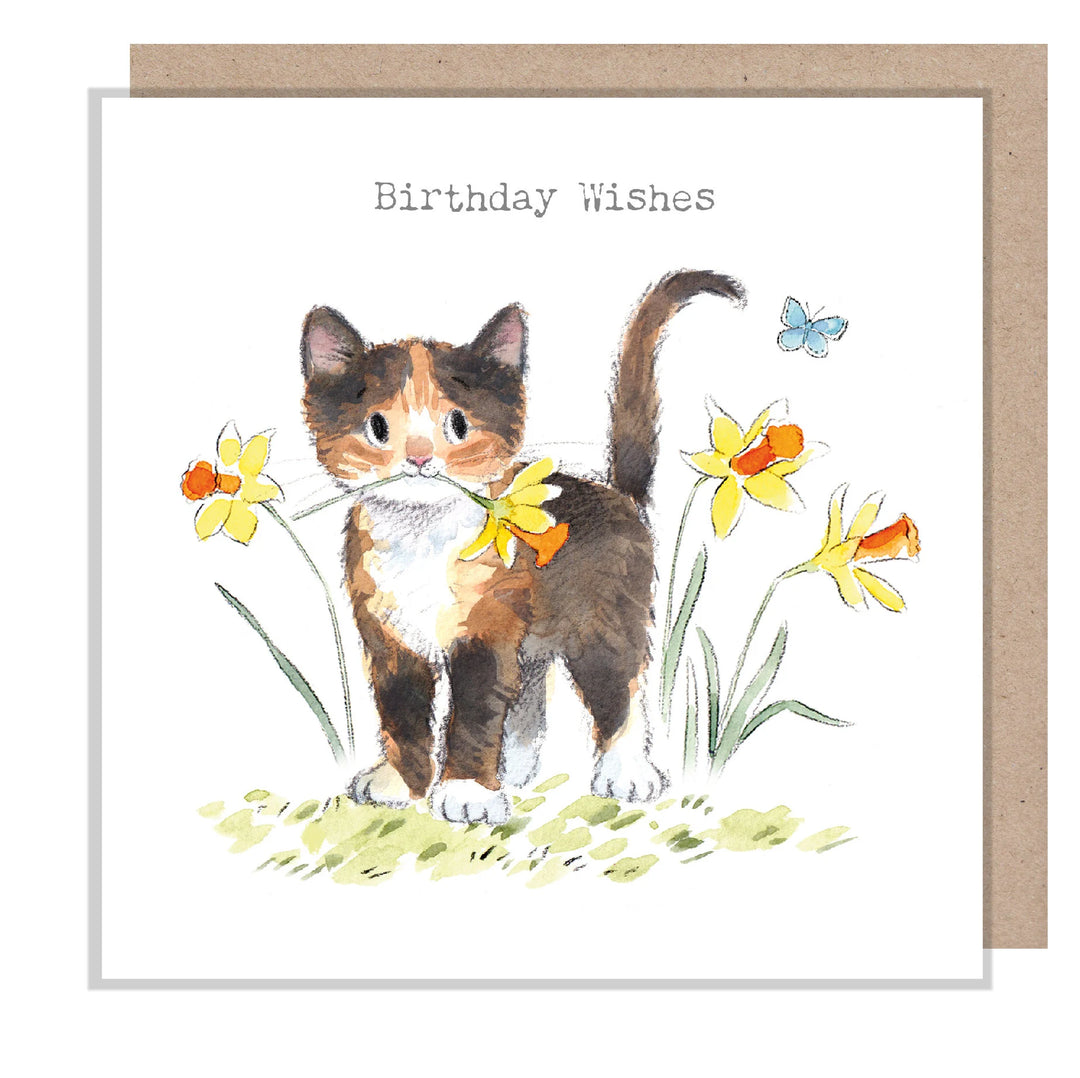 Cat with Daffodils Birthday Greetings Card