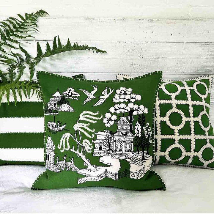 Deep Green Willow Pattern Wool Pillow