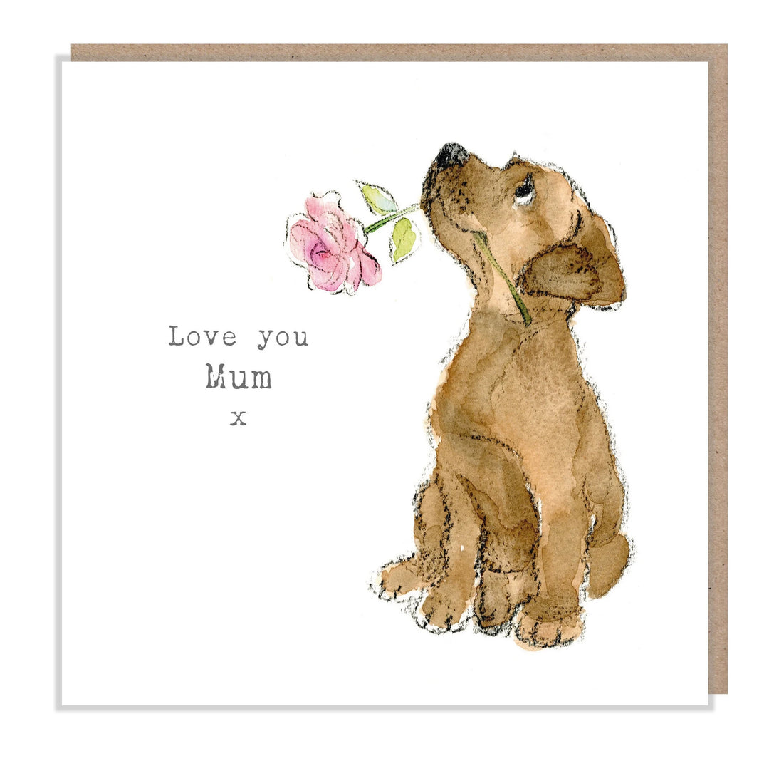 Chocolate Labrador with Pink Rose Love you Mum Greetings Card