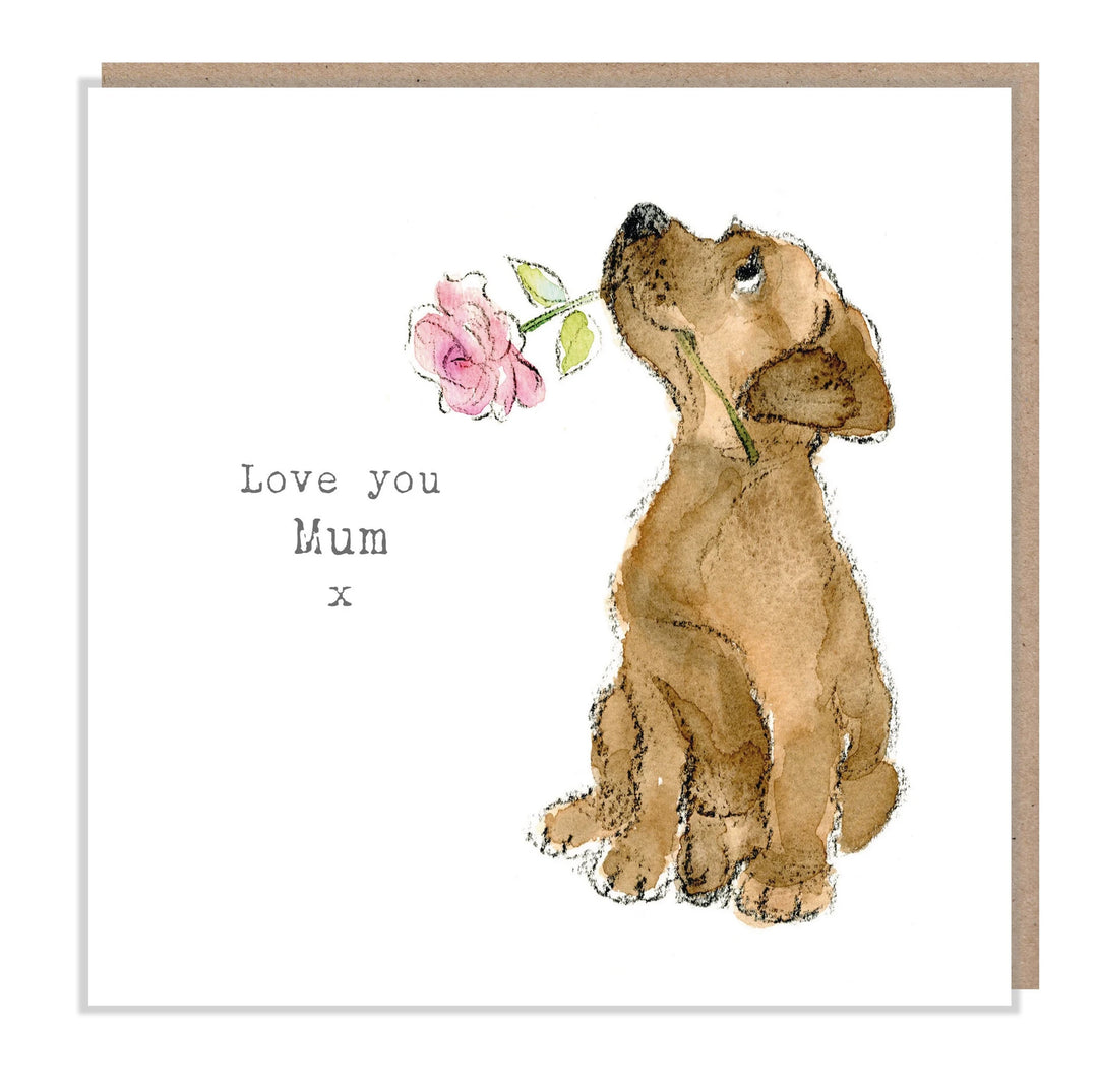 Chocolate Labrador with Pink Rose "Love you Mum" Greetings Card