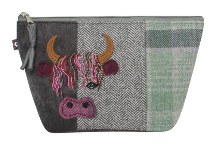 Grey Tweed Applique Cow Makeup Bag