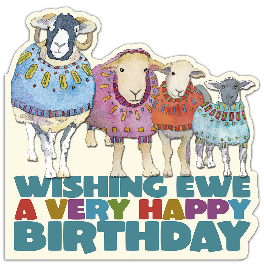 Four Birthday Sheep in Sweaters Die-Cut Greetings Card