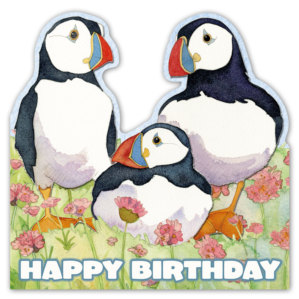 Sea Thrift Puffins Birthday Die-Cut Greetings Card