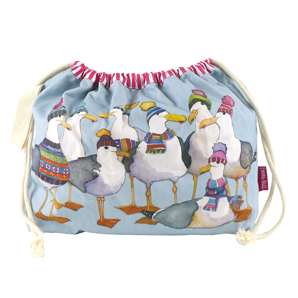 Seagulls in Beanies Drawstring Cotton Bag