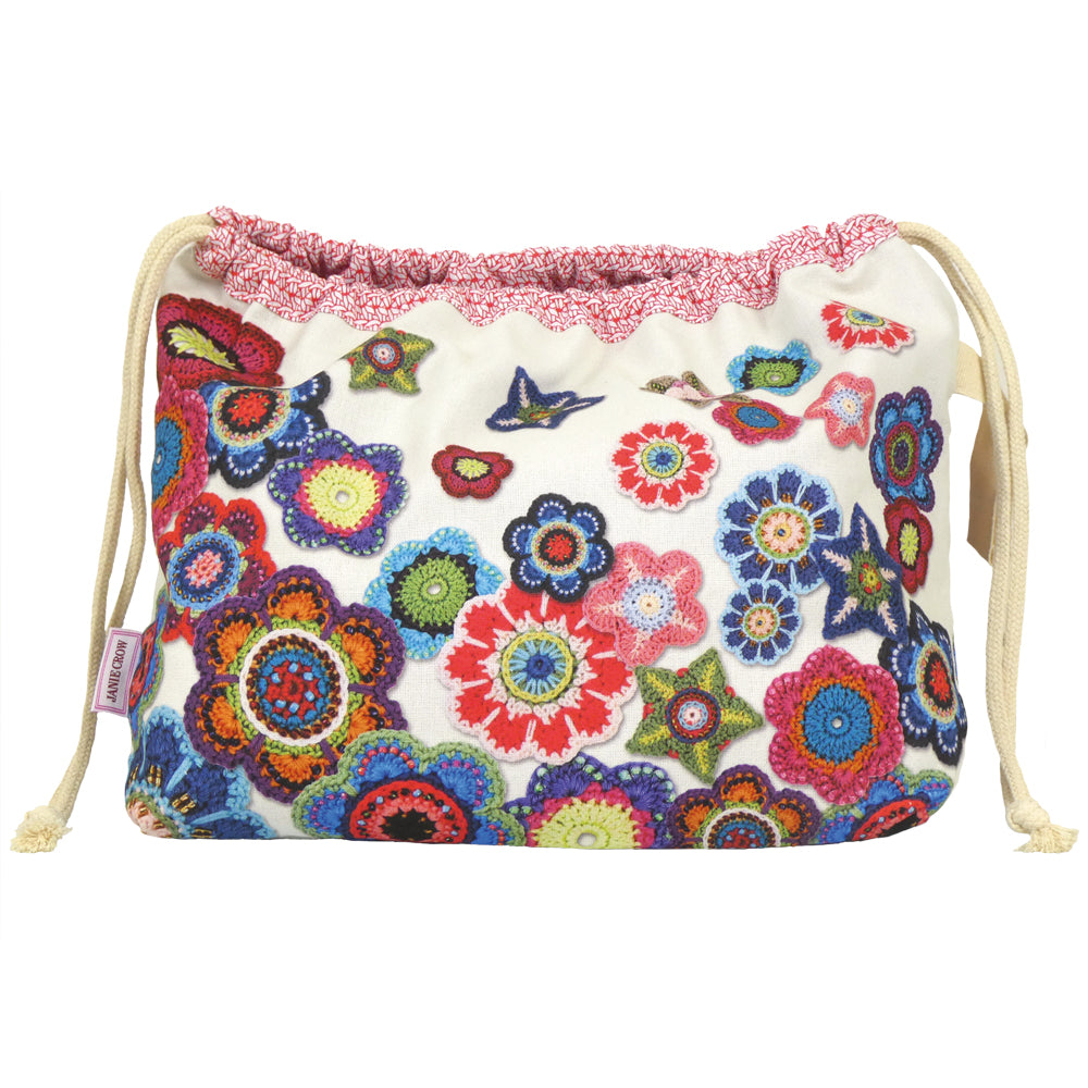 Crochet Motifs Drawstring Cotton Bag