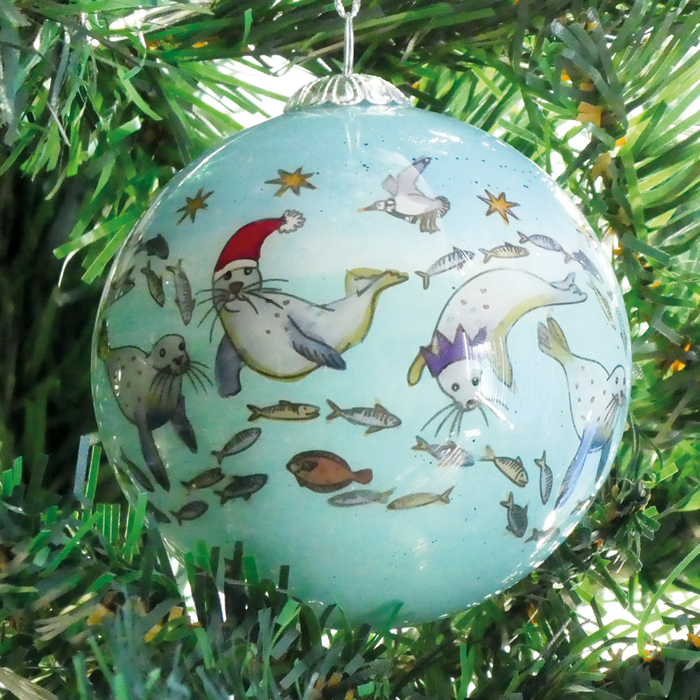 Diving Seals Hand-painted Glass Bauble