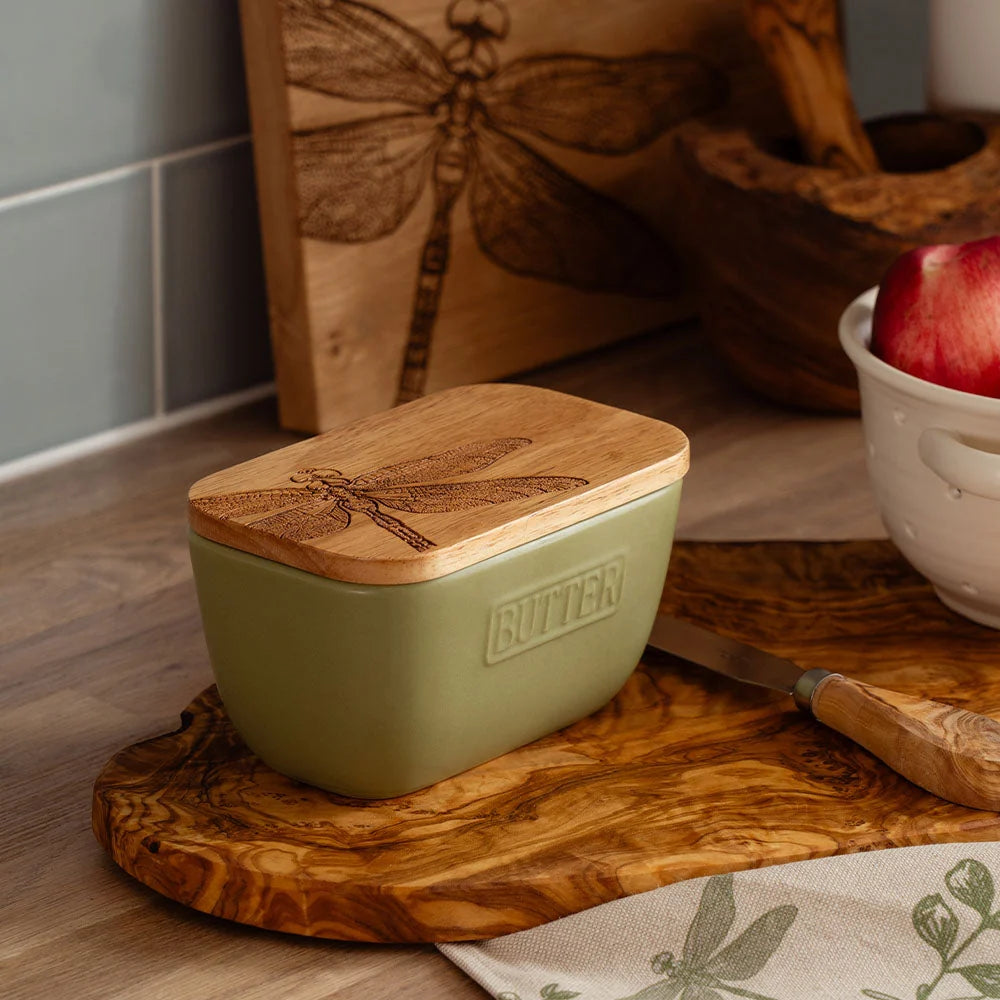 Dragonfly Oak & Ceramic Sage Green Butter Dish