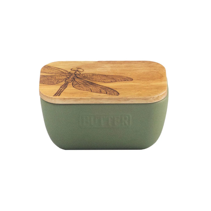 Dragonfly Oak & Ceramic Sage Green Butter Dish