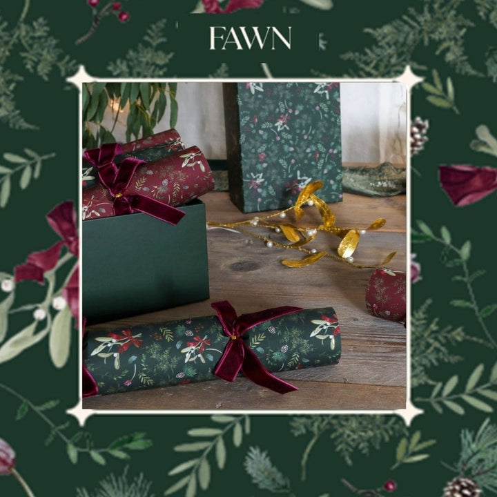 Fawn Green and Burgundy Mistletoe 12in Crackers Box of 6