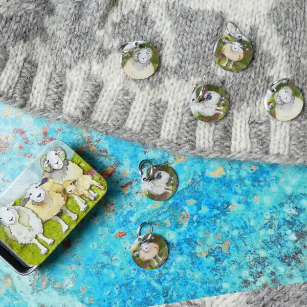 Felted Sheep Set of 6 Stitch Markers in a Pocket Tin