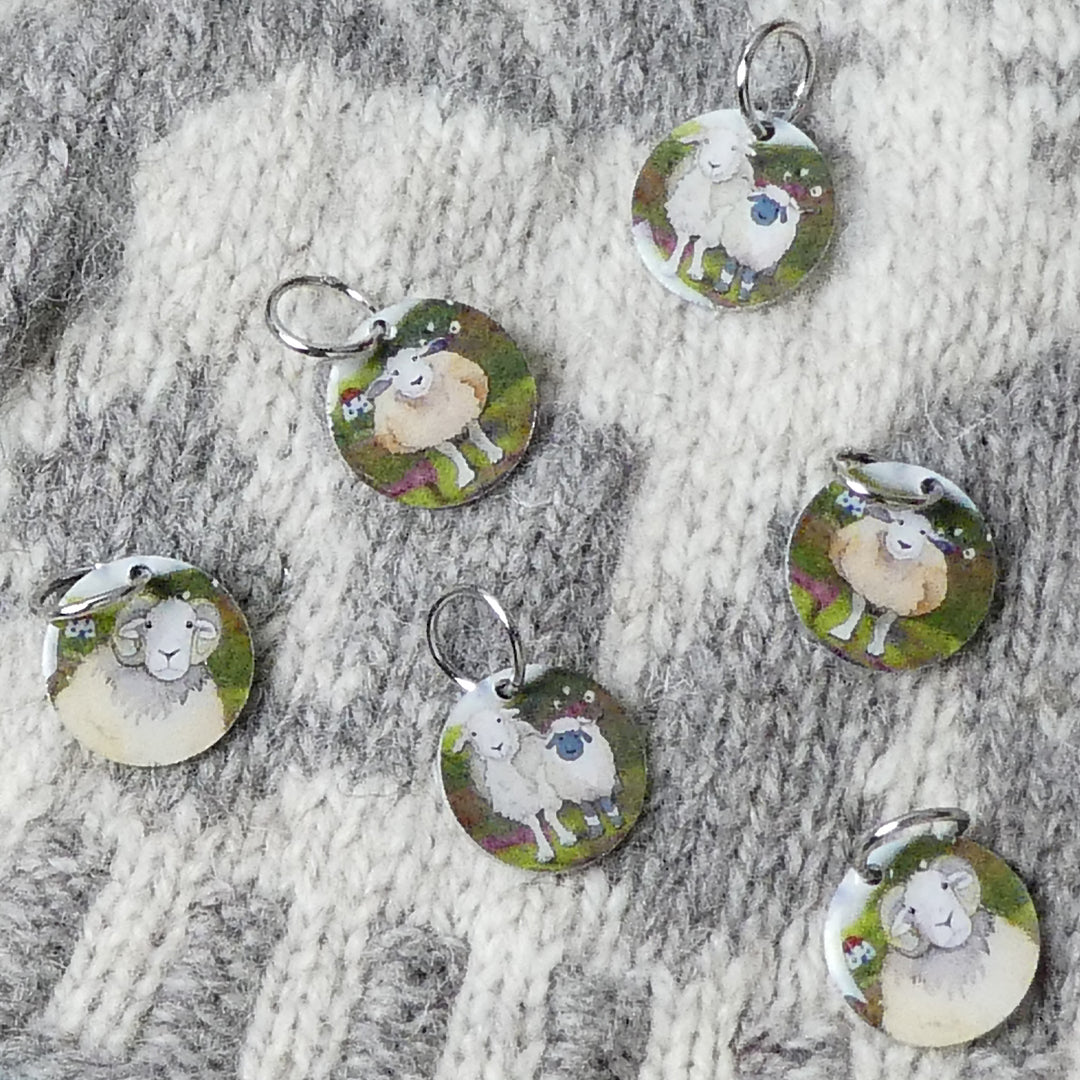 Felted Sheep Set of 6 Stitch Markers in a Pocket Tin