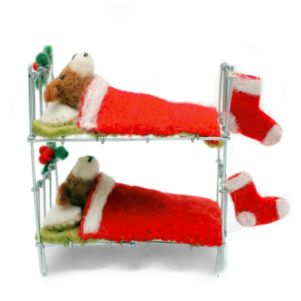 Fox Terrier Pair in Bunk Bed with Stockings Felt Decoration