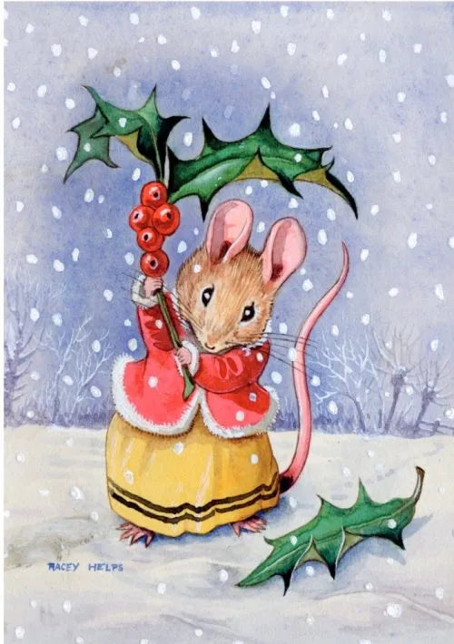 Mouse with Holly Umbrella Christmas Card