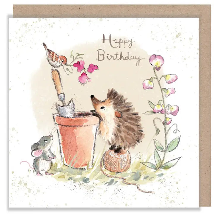 Hedgehog and Bird with Sweet Peas "Happy Birthday" Birthday Greetings Card