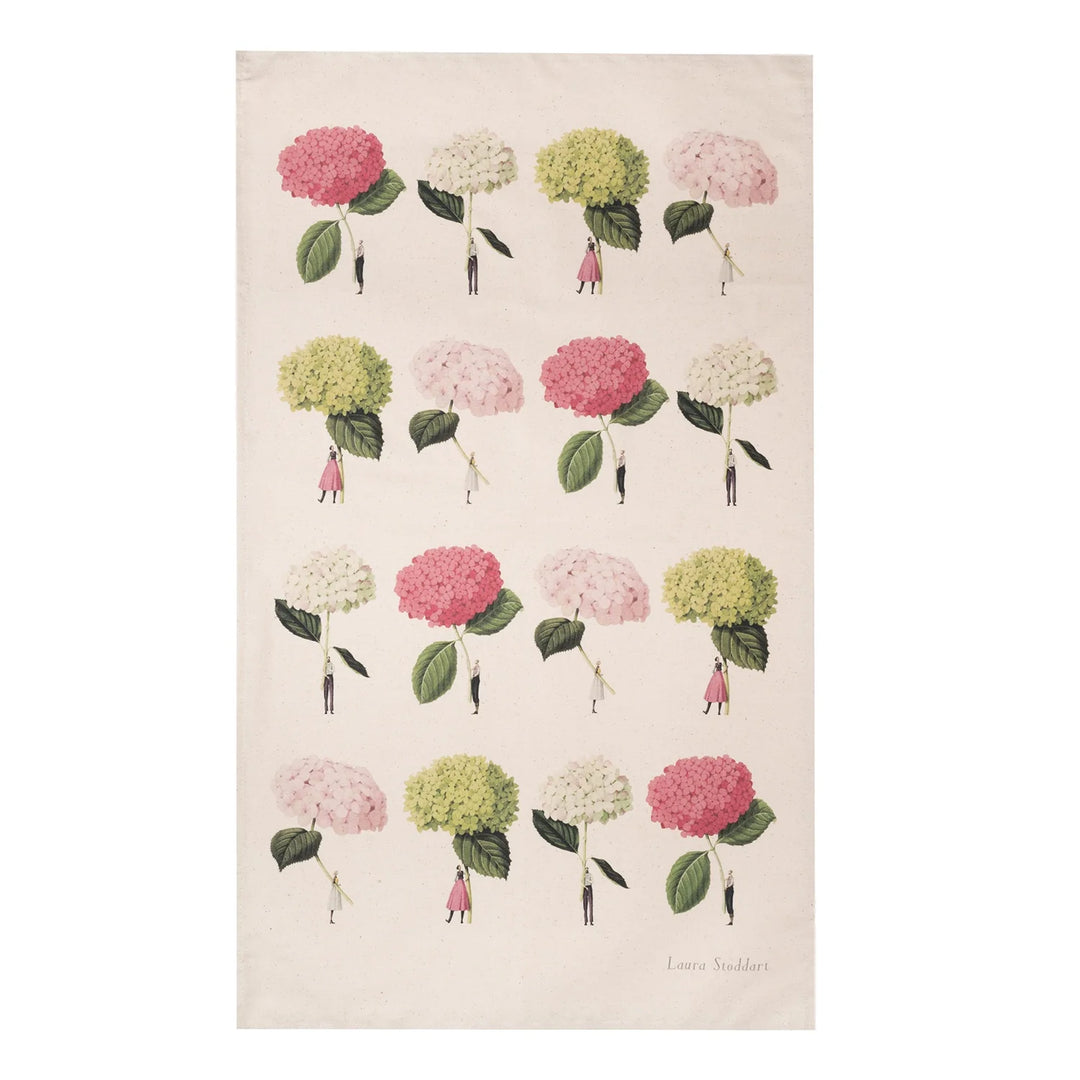 In Bloom Pink and Green Hydrangeas Tea Towel