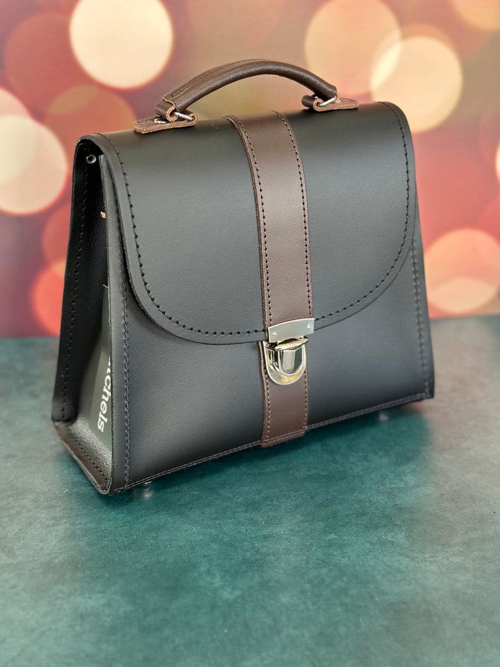 Zatchels Handmade Leather Kensington Handbag -Black with Brown Contrast