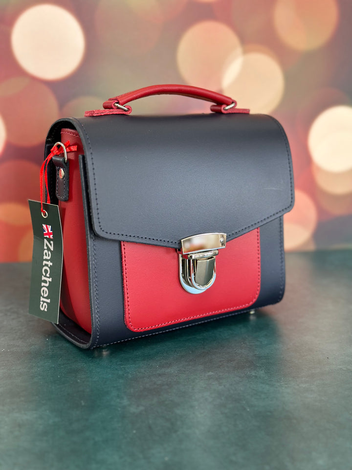 Zatchels Handmade Leather Sugarcube Plus Handbag - Navy with Red Contrast