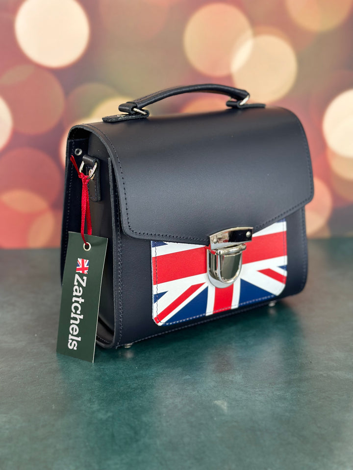 Zatchels Handmade Leather Sugarcube Plus Handbag - Navy with Union Jack