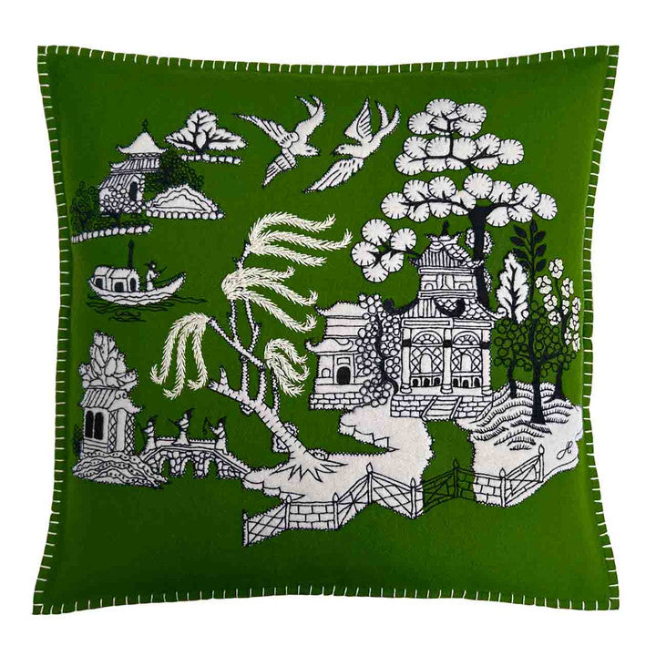 Deep Green Willow Pattern Wool Pillow