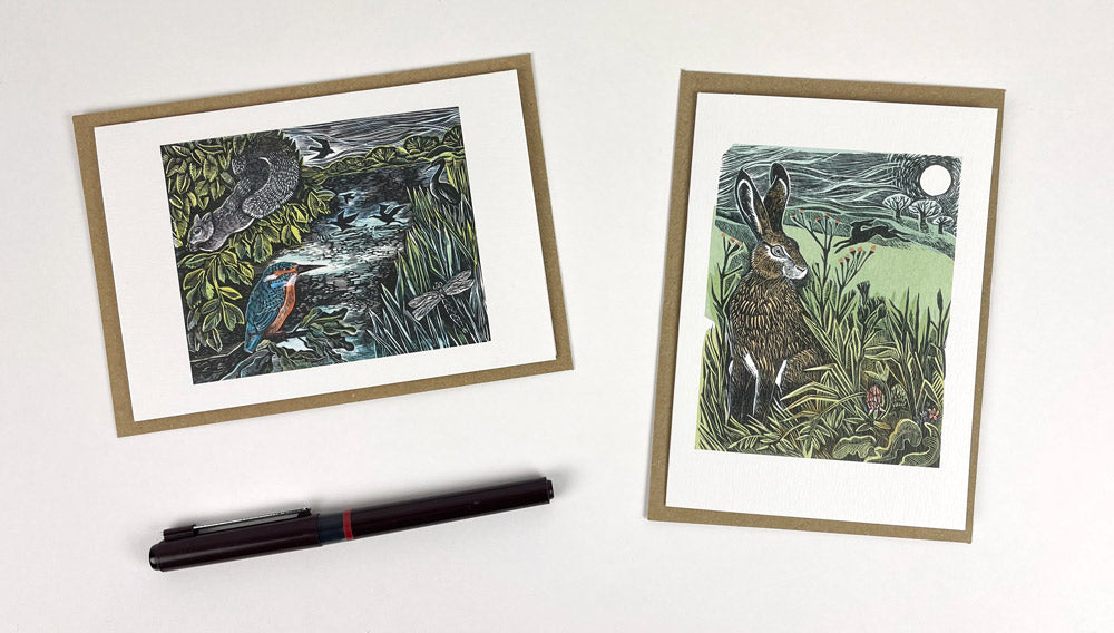 Kingfisher and Hidden Hares Notecards by artist Angela Harding.