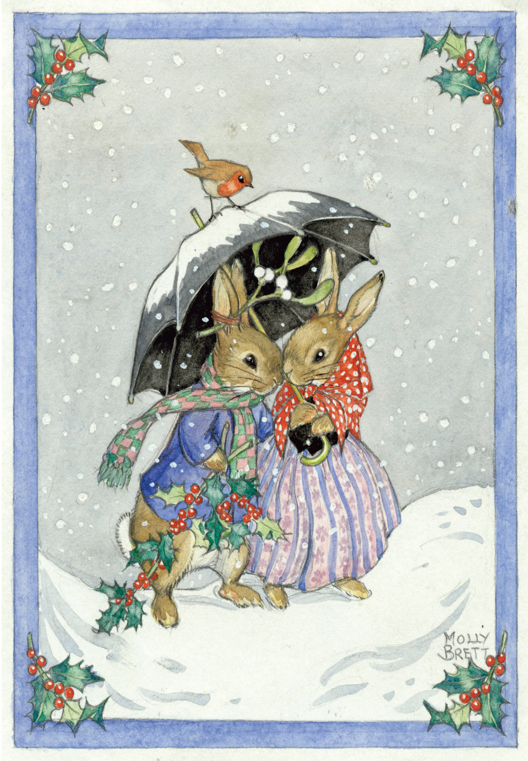 Two Rabbits Shelter From The Snow Christmas Card