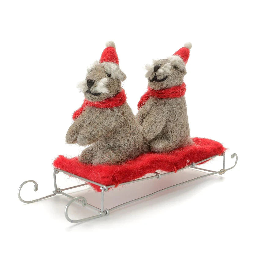 Mini Sitting Pair of Dogs on Sledge - Schnauzers