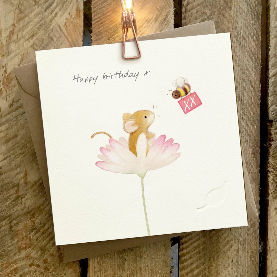 Mouse in Flower with Bee Birthday Card