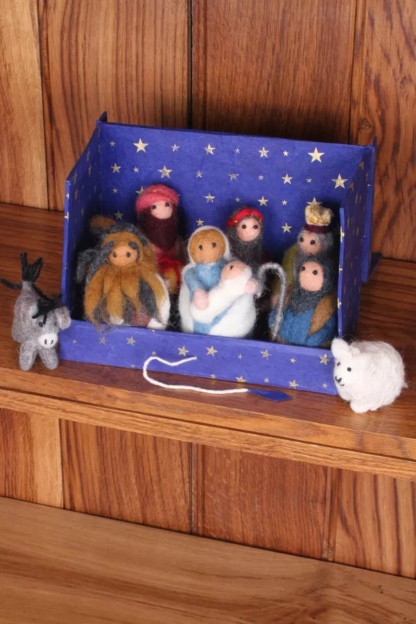 Handfelted Nativity in Midnight Sky Box - 8 pieces