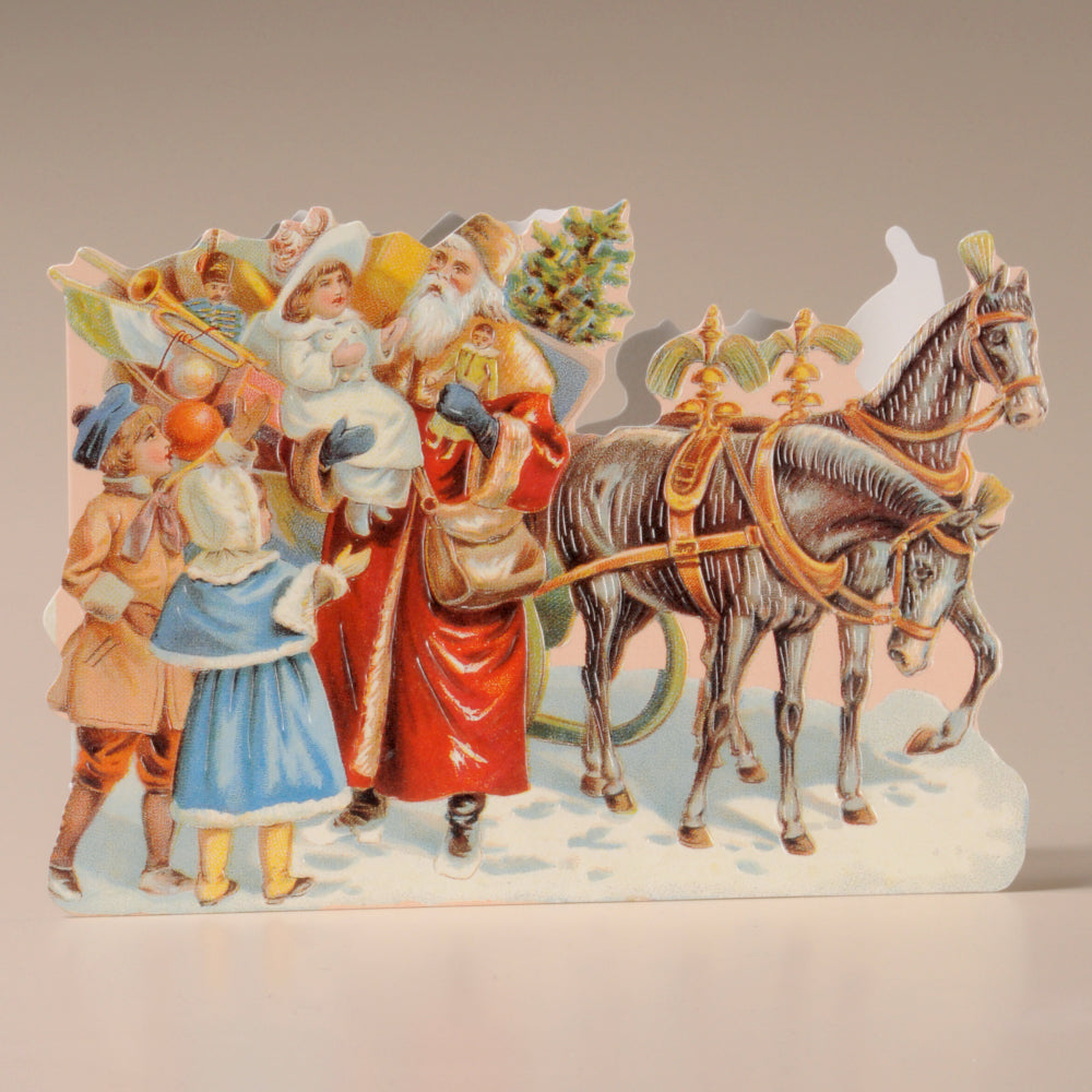 Father Christmas with Children & Horses Nostalgic 3D Christmas Card