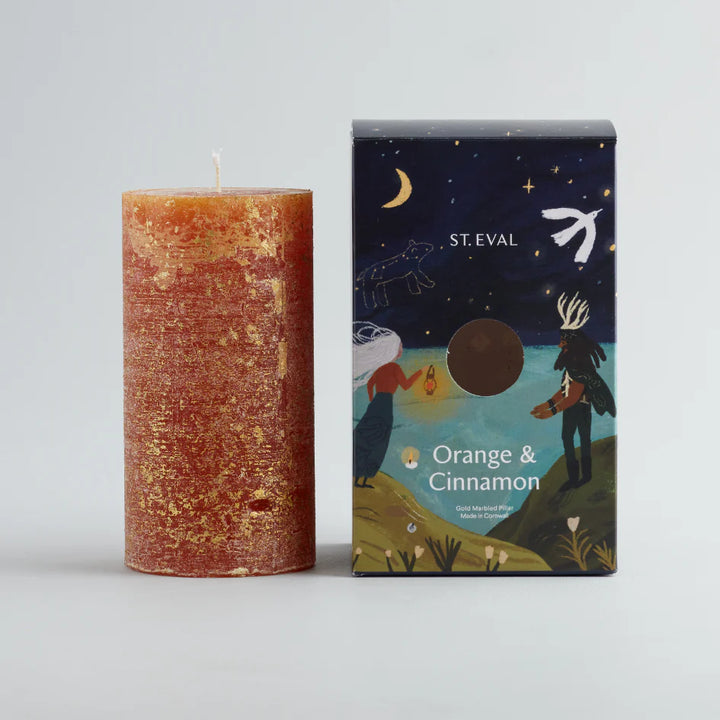 Orange & Cinnamon Gold Marbled Pillar Christmas Candle