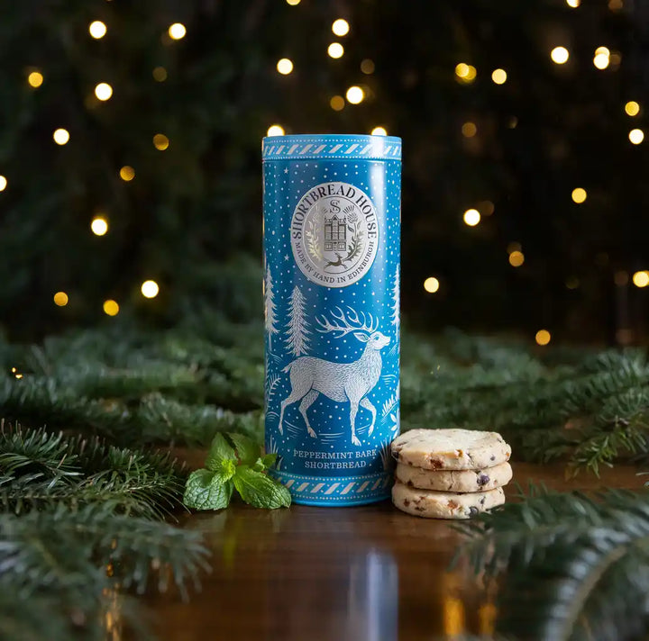 Peppermint Bark Shortbread Rounds in a Winter Tin - 200g