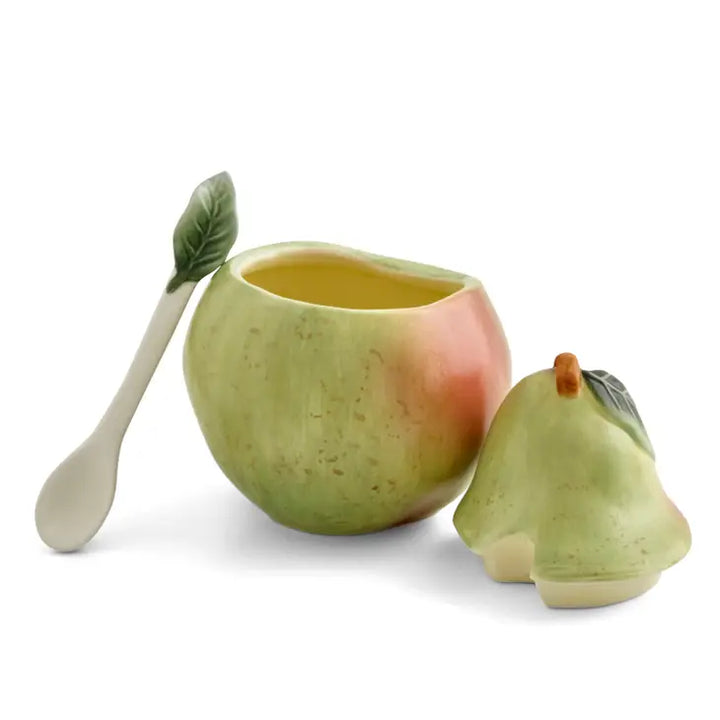 Portmeirion Nature's Bounty Pear Sugar Bowl and Spoon 4"