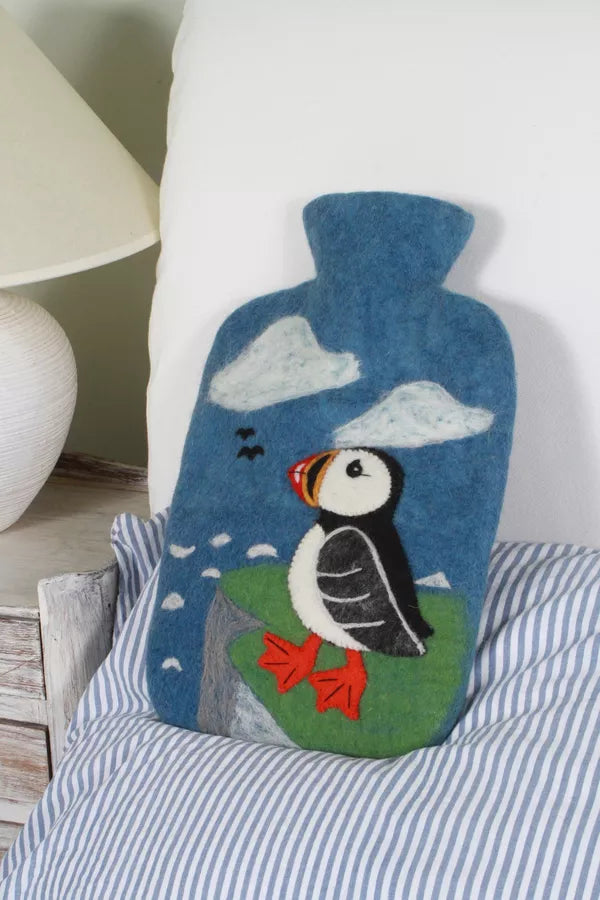 Hand Felted Puffin Hot Water Bottle