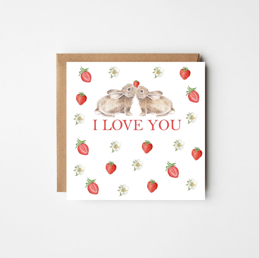'I Love You' Rabbits and Strawberries Greetings Card