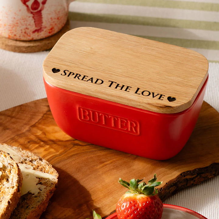 Oak & Ceramic Red Butter Dish & Knife Set