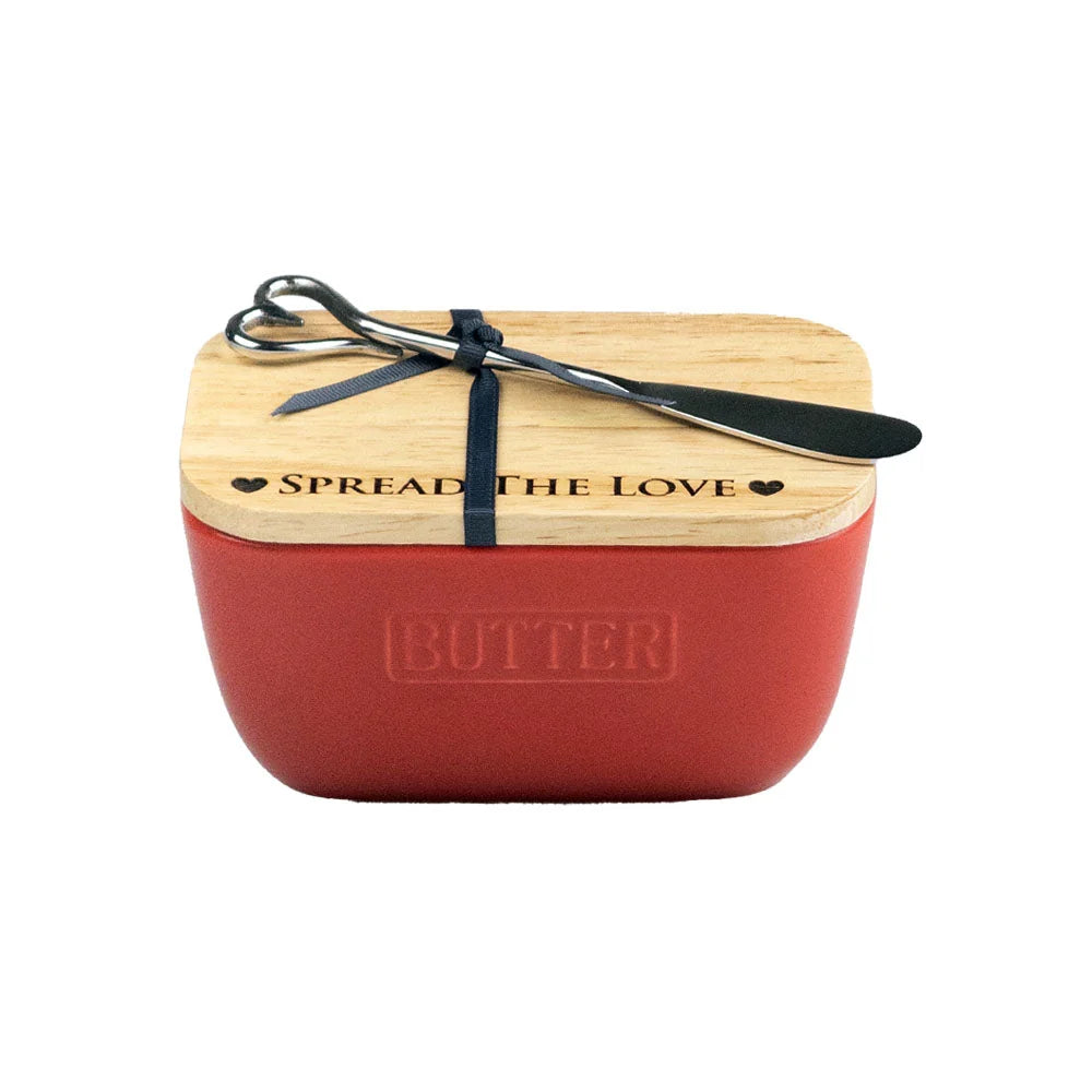 Oak & Ceramic Red Butter Dish & Knife Set