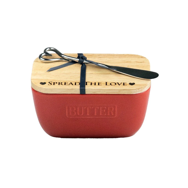 Oak & Ceramic Red Butter Dish & Knife Set