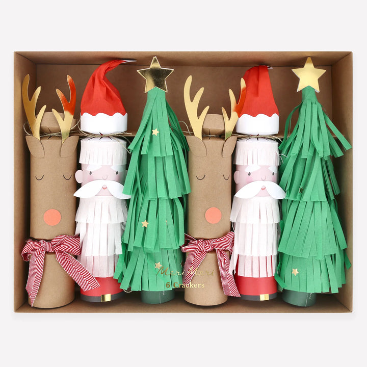 Santa, Reindeer & Tree Christmas Crackers Box of 6