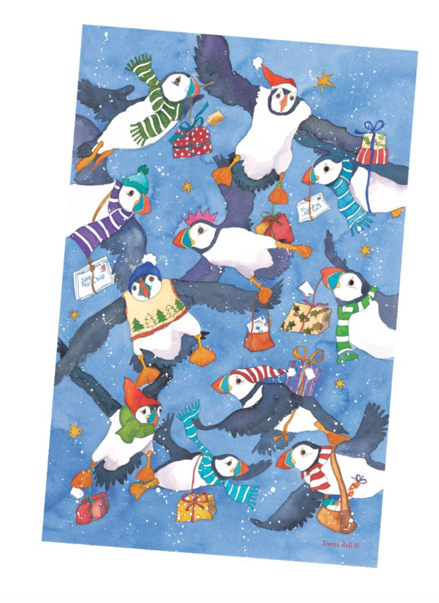 Christmas Party Puffins Tea Towel