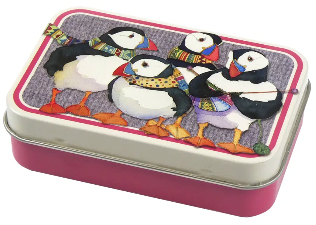 Knitting Puffins Hinged Small Rectangular Tin
