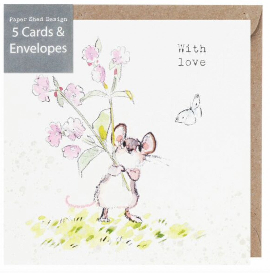 Mouse and Flowers 'With Love' Set of 5 Notecards