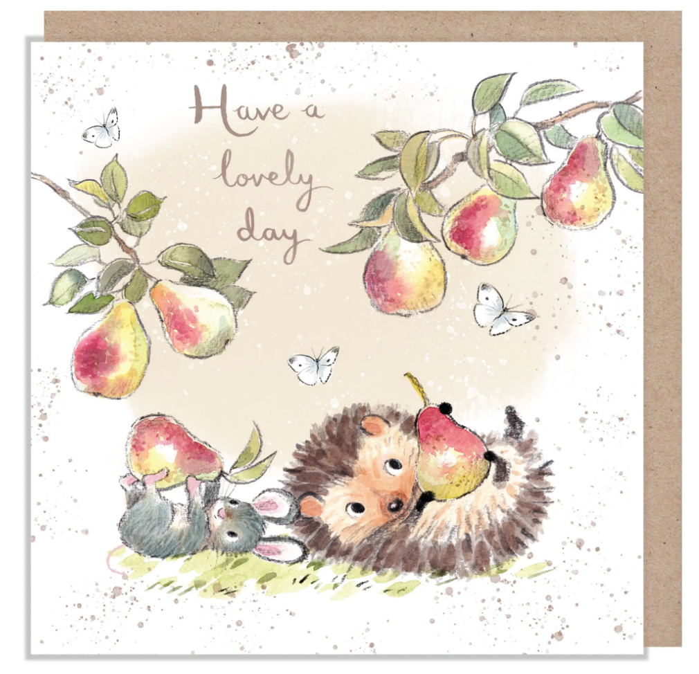 Hedgehog and Mouse with Pears "Have a Lovely Day" Greetings Card