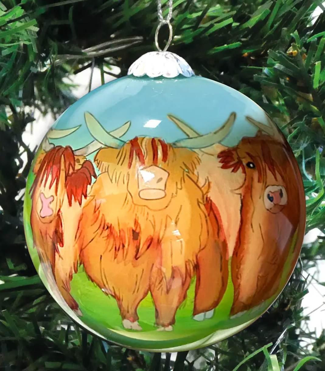 Highland Coo Hand-painted Glass Bauble