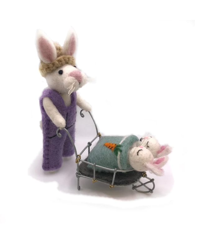 Bunny with Babies in Wheelbarrow Felt Decoration