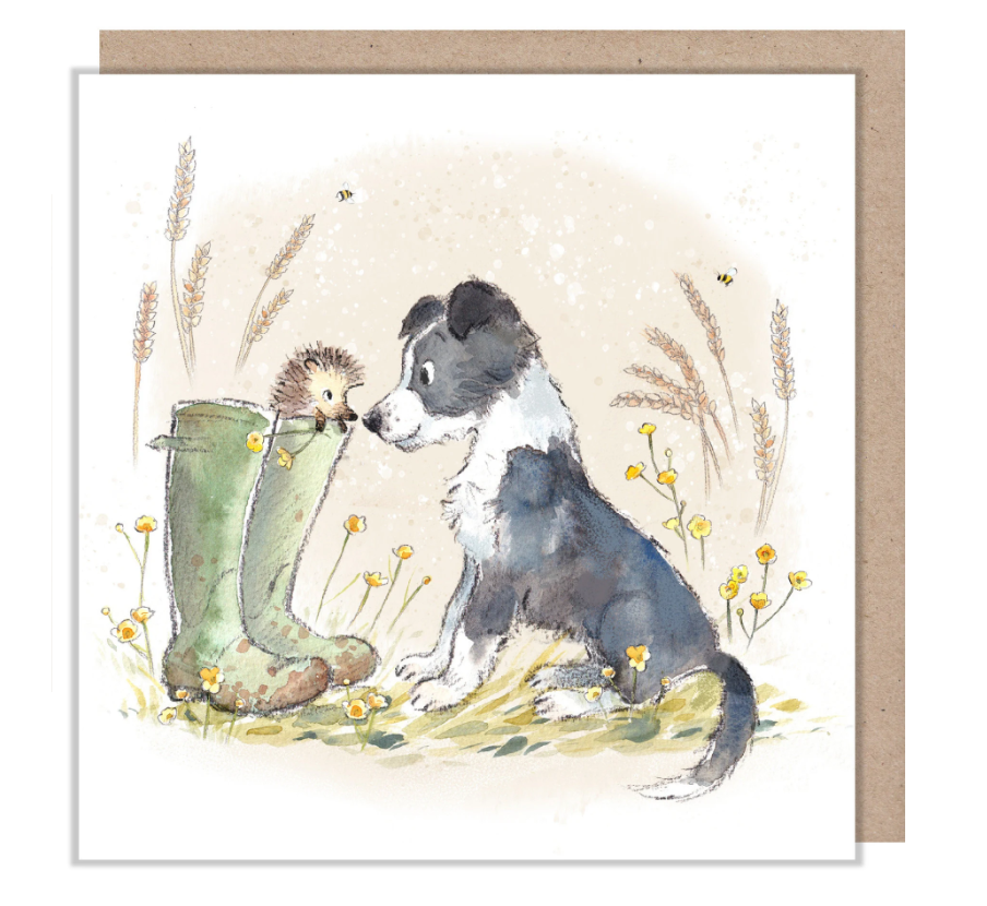 Dog With Hedgehog in Wellies Greetings Card