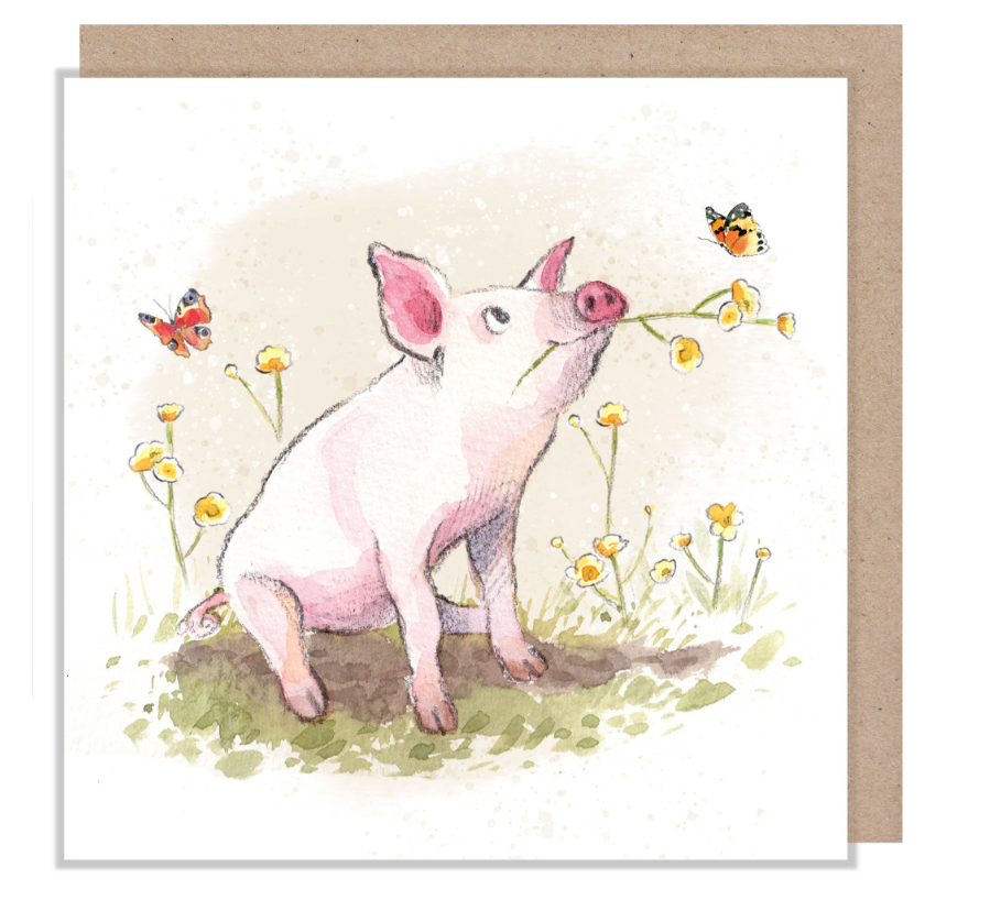 Pig With Flowers Greetings Card