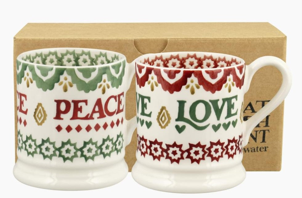 Christmas Joy 'Peace and Love' Pattern Set of 2  1/2 Pint Mugs Boxed 2024