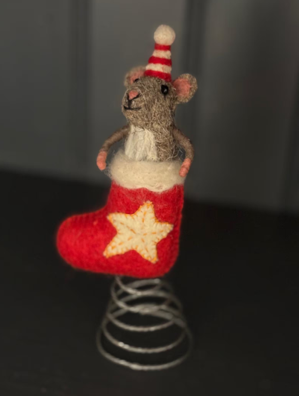 Mouse in Christmas Stocking Tree Topper
